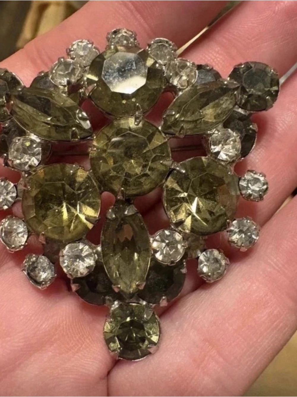 Vintage Juliana D&E Rhinestone Brooch Olive Green Clear Confirmed Design
